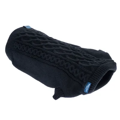 Pull pour chien en maille noire avec étiquette visible 'WILD LIFE', motif torsadé sur le dessus, ouvertures pour les pattes et le cou.