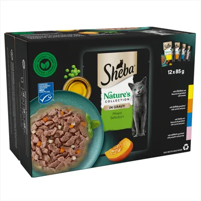Sheba Nature’s Collection in Gravy Mixed Selection, 12 x 85g. Includes chicken with tomato, turkey with peas, tuna with carrots and peas, salmon with pumpkin and parsley.