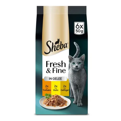 Emballage Sheba Fresh & Fine in Gelee, 6 x 50 g. Texte visible : 2x mit Truthahn, 2x mit Huhn, 2x mit Geflügel. Assiette de nourriture pour chat et image d’un chat gris.