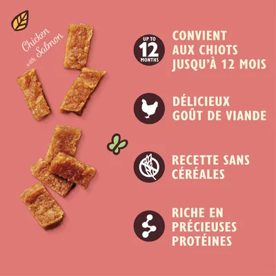 Chicken with Salmon. Convient aux chiots jusqu’à 12 mois. Délicieux goût de viande. Recette sans céréales. Riche en précieuses protéines.