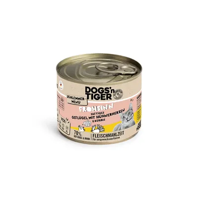 Dogs'n Tiger Frohsinn Schlemmer-Menü, carne suculentă de pasăre cu inimi de pui și dovleac, 70% pasăre și pui, masă de carne pentru pisici adulte.