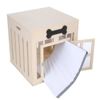 Holz-Haustierbox mit Knochen-Dekor, seitlicher Tür und herausziehbarem weissem Kissen. Geeignet als Schlafplatz oder Rückzugsort für Haustiere.