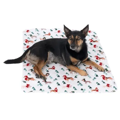 Cão deitado sobre uma manta branca com padrão colorido de cães e motivos de Natal.
