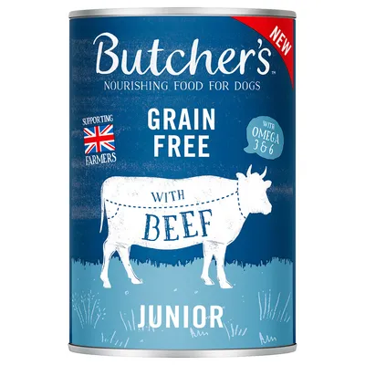 Butcher's Junior dog food, grain-free with beef, supports farmers, contains Omega 3 & 6. New product.