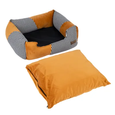 Gestreiftes Haustierbett mit orangefarbenen Samtpolstern und herausnehmbarem Kissen. Rechteckige Form, geeignet für Innenräume.