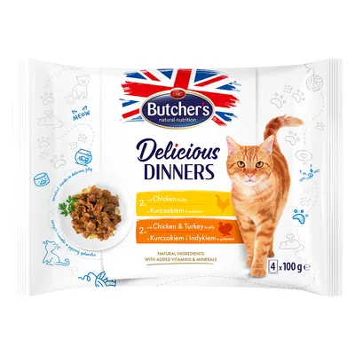 Butcher's Delicious Dinners, 4 x 100 g, 2x poulet en gelée, 2x poulet et dinde en gelée, ingrédients naturels avec vitamines et minéraux ajoutés. Texte en anglais et polonais.