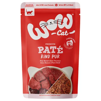 WOW Cat Premium Paté Rind Pur, 99% mięsa i bulionu, bez zbóż, made in Germany. Tekst w języku niemieckim i angielskim: Pure Beef, Mit LOTS of Meat.