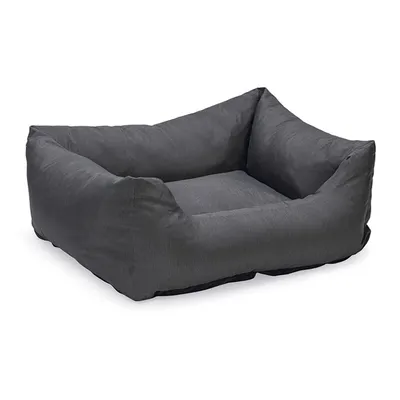 Grey rectangular pet bed with padded sides and soft lying surface.