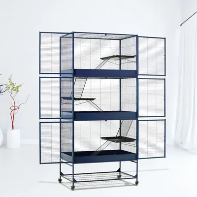 Grande cage à rongeurs en métal bleu à trois niveaux, quatre portes ouvertes, rampes et étagères intérieures, roulettes visibles à la base.