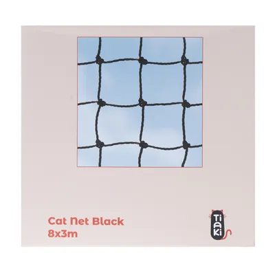 Tiaki Cat Net Black, Grösse 8x3m, schwarzes Netz für Katzen mit quadratischer Maschenstruktur vor blauem Hintergrund.