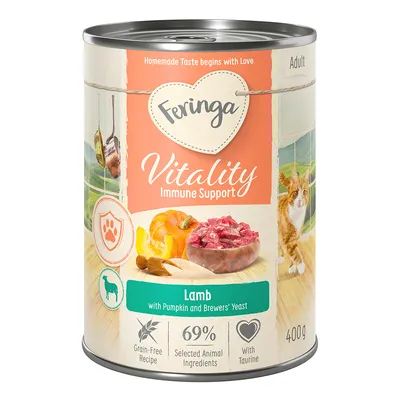 Feringa Vitality Immune Support Adult, Lamb with Pumpkin and Brewers' Yeast, recette sans céréales, 69 % ingrédients animaux sélectionnés, avec taurine, 400 g. Texte en anglais.