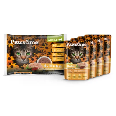 Pawsome! Adult выгодный набор, 4x курица в соусе. Меню с нежными кусочками, без добавления сахара, с таурином и витаминами. Для взрослых кошек.