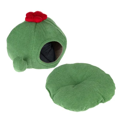 Letto per animali verde a forma di grotta con accento rosso e cuscino rimovibile. Struttura in tessuto lavorato a maglia.