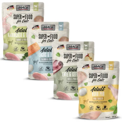 MAC's Super Food for Cats. Warianty: królik i drób, łosoś i kurczak, kaczka i drób, czysty kurczak. Z kocimiętką, mniszkiem, jabłkiem. Zawartość 300g. Wyprodukowano w Niemczech.