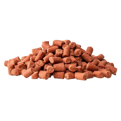 Pile of brown, tube-shaped dry food pieces. Product description for pet food.