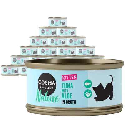 Cosma Pure Love Nature Kitten Tuna with Aloe in Broth tins stacked, front tin shows cat silhouette and icons for fish and aloe. Visible text: 'KITTEN TUNA WITH ALOE IN BROTH'.
