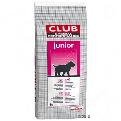 Royal Canin Club Special Performance Junior, 15kg. Hundefutter für optimales Wachstum und Verdauung, geeignet für junge Hunde. Verpackung mit Silhouette eines Hundes.
