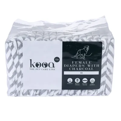 kooa Female Diapers with Charcoal, Größe XS, 15 Stück. Eigenschaften: auslaufsicher, Nässeindikator, eine Schicht Aktivkohle, super saugfähig.