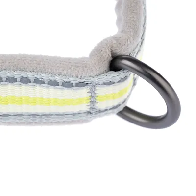 Detailansicht eines grauen Halsbands mit gelb-weissen Streifen, weicher Polsterung und schwarzem Metallring.