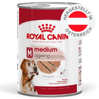 Royal Canin medium ageing Loaf-Mousse, Unterstützung der Muskulatur, Hunde ab dem 7. Lebensjahr, hergestellt in Österreich, 400g Dose sichtbar. Royal Canin medium ageing Loaf-Mousse, Unterstützung der Muskulatur, Hunde ab dem 7. Lebensjahr, hergestellt in Österreich, 400g Dose sichtbar.
