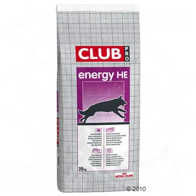 Royal Canin Club Pro Energy HE, 20kg zak. Productbeschrijving met silhouet van een rennende hond en tekst over speciale voedingsstoffen voor energiebehoefte.
