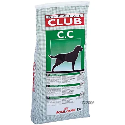 Opakowanie karmy SPECIAL CLUB C.C z sylwetką psa, marka ROYAL CANIN, waga 15 kg. Widoczny tekst informacyjny na etykiecie.