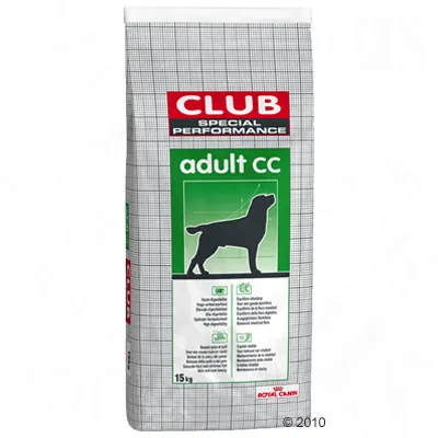 Royal Canin Club Special Performance Adult CC, sacco da 15 kg. Silhouette di un cane su sfondo verde con informazioni sul prodotto.