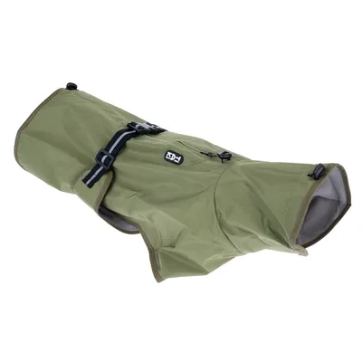 Manteau pour chien vert olive avec boucle de fermeture noire, sangle réglable et logo 4D visible sur le dos. Matière textile imperméable apparente.