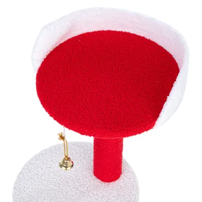 Plateforme pour chat en tissu rouge et blanc avec rebord, poteau central et clochette suspendue en métal doré visible sous la plateforme inférieure.