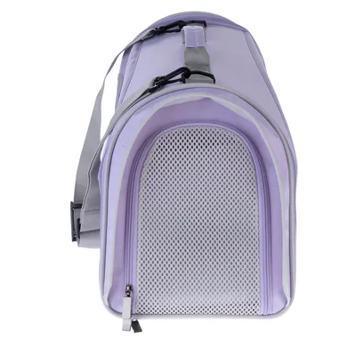 Sac de transport pour animaux en tissu violet avec sangle grise, grande ouverture zippée à maille filet blanche sur le devant.