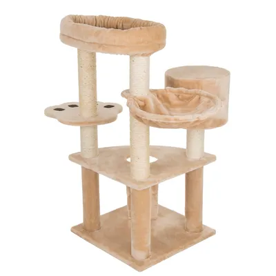 Cat tree with multiple levels, sisal posts and padded beige lying surfaces. Includes hammock, cave and platform with play openings.