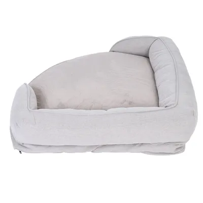 Grey pet bed with padded sides and soft lying surface, rectangular shape.