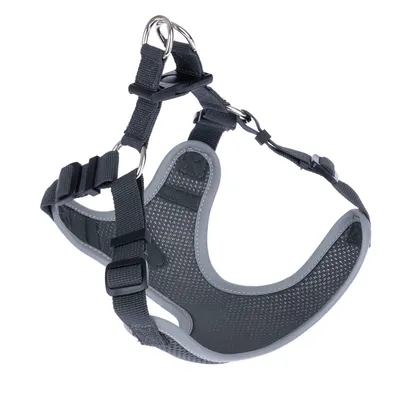 Graues Geschirr mit verstellbaren Gurten, Metallringen und atmungsaktivem Mesh-Material. Geeignet für Haustiere.