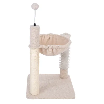 Cat tree with beige fabric, sisal scratching post, hammock and play ball on spring. Includes brush for coat care.
