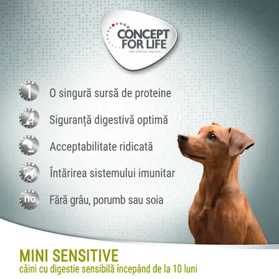 Concept for Life Mini Sensitive, o singură sursă de proteine, siguranță digestivă optimă, acceptabilitate ridicată, întărirea sistemului imunitar, fără grâu, porumb sau soia.