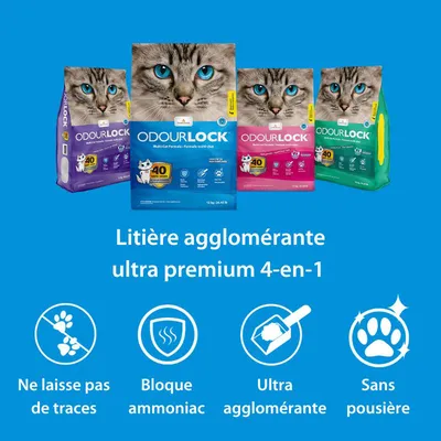 Litière agglomérante OdourLock multi-chat, ultra premium 4-en-1. Ne laisse pas de traces, bloque ammoniac, ultra agglomérante, sans poussière. Paquets visibles en bleu, violet, rose, vert.
