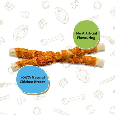 Two treats with visible text: 100% natural chicken breast and no artificial flavouring.