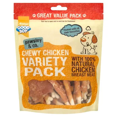 Chewy chicken variety pack with 100% natural chicken breast meat, great value pack, packed with all their favourites. Resealable pouch shown with visible treats inside.
