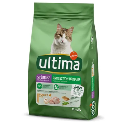 Ultima Sterilisé Protection Urinaire karma dla kotów z kurczakiem, 10 kg. Składniki: kurczak, groszek, pełne ziarna. Bez sztucznych barwników i konserwantów.