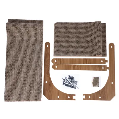 Ανταλλακτικά για ονυχοδρόμιο: ξύλινο πλαίσιο, επιφάνειες ξυσίματος από χαρτόνι, οδηγίες συναρμολόγησης και αξεσουάρ.