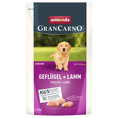 Animonda GranCarno Junior ave + cordero, hecho en Alemania, 100% ingredientes valiosos, sin cereales añadidos, rico en carne fresca, paquete de 4 kg.
