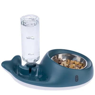 Tiaki Futterstation in Blau mit Edelstahl-Napf für Trockenfutter und integriertem Wasserspender mit Glasflasche.
