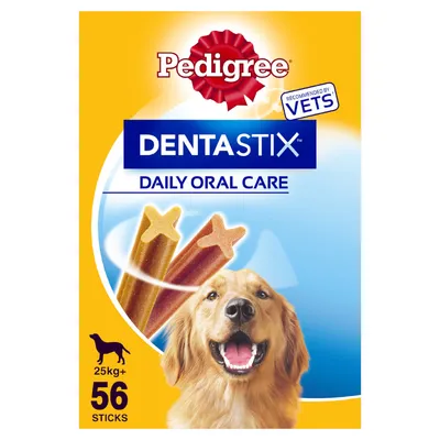 Pedigree Dentastix Daily Oral Care, recommended by vets, for dogs 25kg+, 56 sticks shown on packaging with image of a dog and two dental chews.