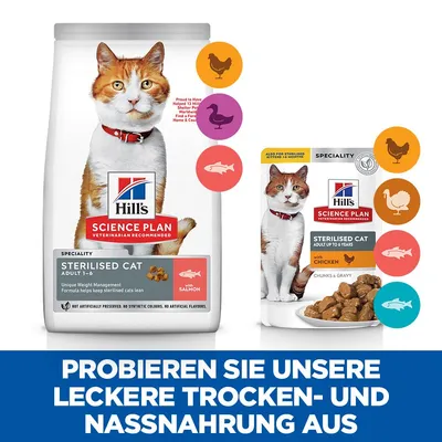 Hill's Science Plan Sterilised Cat Adult 1-6 mit Lachs und Sterilised Cat Adult bis 6 Jahre mit Huhn. Probieren Sie unsere leckere Trocken- und Nassnahrung aus.