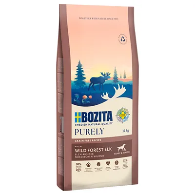 Bozita Purely Wild Forest Elk, receta sin cereales, 11 kg. Alce de la naturaleza nórdica, para Puppy & Junior. Proteína 30%, grasa 16%, 71% ingredientes animales.