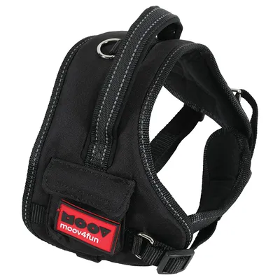 Pettorina nera con logo rosso 'moov4fun', imbottita, cinghie regolabili e anello in metallo per il guinzaglio.