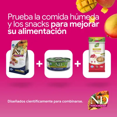 Pruebe la comida húmeda y los snacks de N&D para mejorar la alimentación. Productos: Tropical Selection pienso, Prime Lamb & Blueberry lata, Adult Healthy & Delicious Cream. Pruebe la comida húmeda y los snacks de N&D para mejorar la alimentación. Productos: Tropical Selection pienso, Prime Lamb & Blueberry lata, Adult Healthy & Delicious Cream.