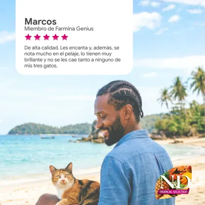 Reseña de Marcos, miembro de Farmina Genius: 5 estrellas. Alta calidad, pelaje brillante, menos caída de pelo en tres gatos. Logotipo de N&D Tropical Selection en la parte inferior derecha. Reseña de Marcos, miembro de Farmina Genius: 5 estrellas. Alta calidad, pelaje brillante, menos caída de pelo en tres gatos. Logotipo de N&D Tropical Selection en la parte inferior derecha.