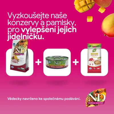 N&D Tropical Selection suché krmivo, N&D Prime Chicken & Pomegranate mokré krmivo a N&D Adult Cream maškrta. Odporúčané na zlepšenie jedálneho lístka. N&D Tropical Selection suché krmivo, N&D Prime Chicken & Pomegranate mokré krmivo a N&D Adult Cream maškrta. Odporúčané na zlepšenie jedálneho lístka.