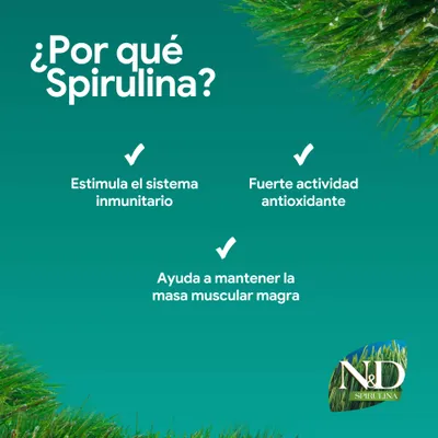 ¿Por qué espirulina? Estimula el sistema inmunitario, posee una fuerte actividad antioxidante y ayuda a mantener la masa muscular magra. N&D Spirulina. ¿Por qué espirulina? Estimula el sistema inmunitario, posee una fuerte actividad antioxidante y ayuda a mantener la masa muscular magra. N&D Spirulina.